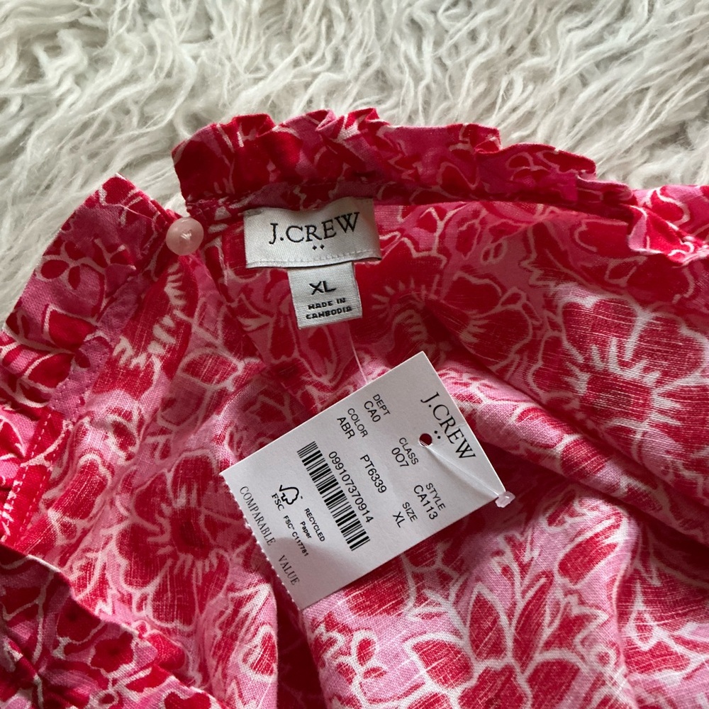 NWT J Crew Printed Linen-blend Ruffleneck Top‎ - Picture 2 of 4